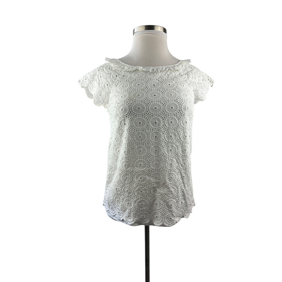 Lilly Pulitzer Crochet Eyelet Blouse Cap Short Sleeve Ruffle Button Back Size 8 - Picture 15 of 16